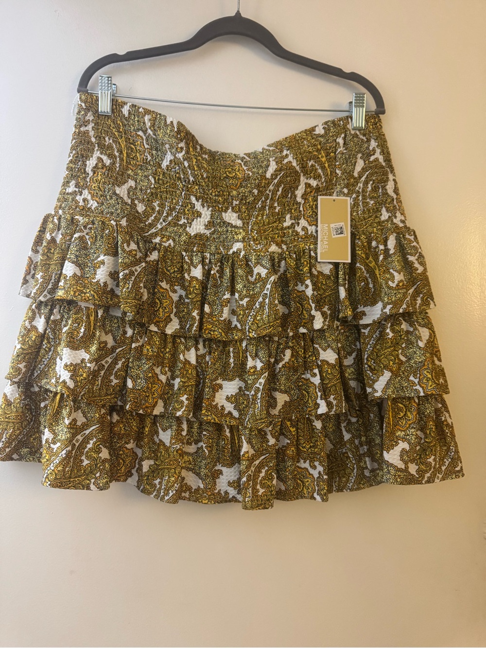 Michael Kors Tiered Paisley Mini Skirt in Olive and White